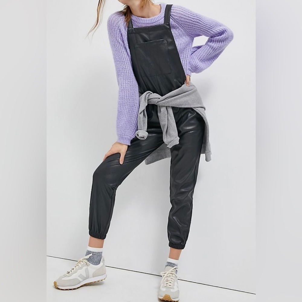 philanthropy xs Freja black faux leather overalls wide leg elastic end punk‌‌
